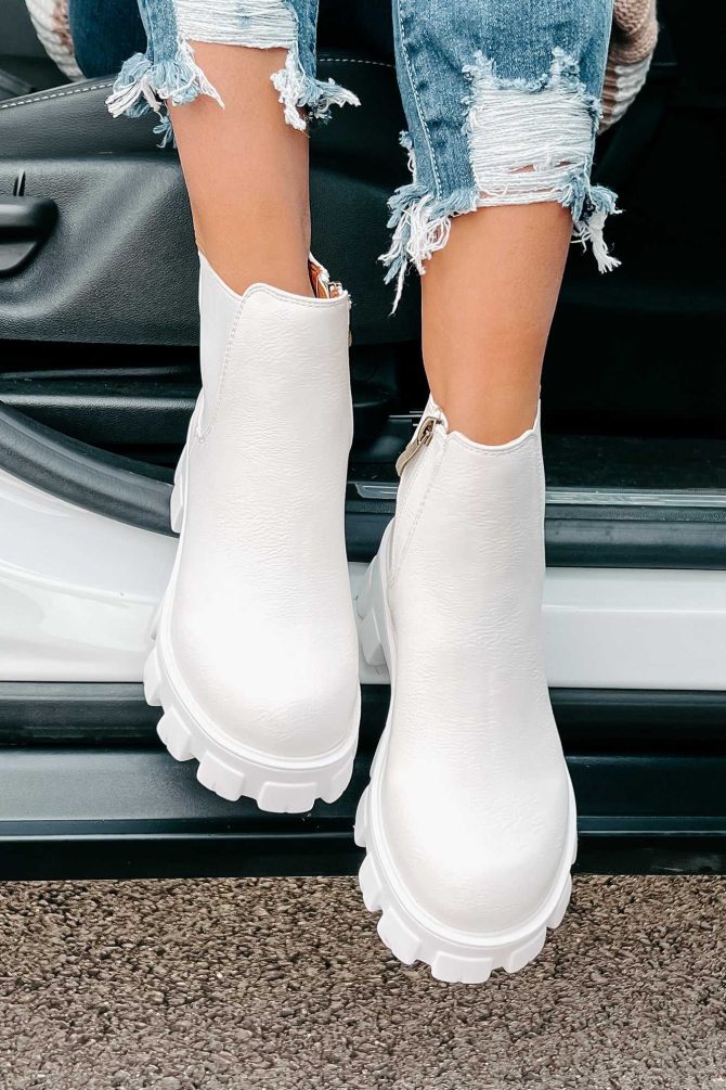 New Paths Faux Leather Chunky Sole Booties (White PU) · NanaMacs - Image 4