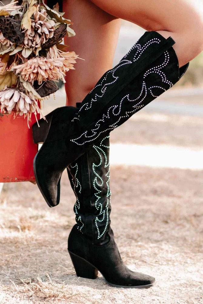 Celara Faux Suede Studded Billini Cowboy Boots (Black Suede) · NanaMacs