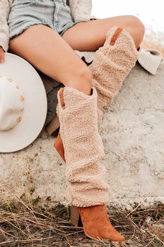 Boujee Cowgirl Slouchy Sherpa Boots (Tan) · NanaMacs