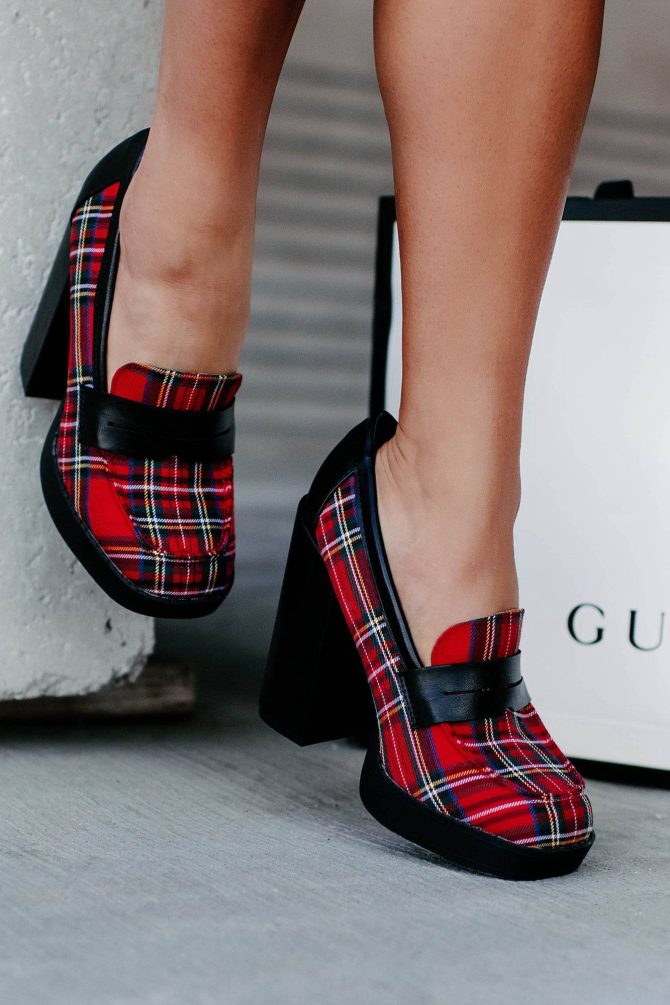 Princeton Prep Heeled Platform Loafers (Red Plaid) · NanaMacs