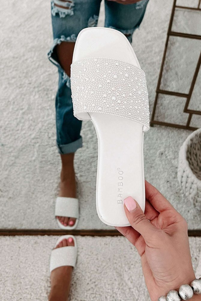 Just Too Pretty Beaded Pearl Flat Sandals (White) · NanaMacs - Image 2
