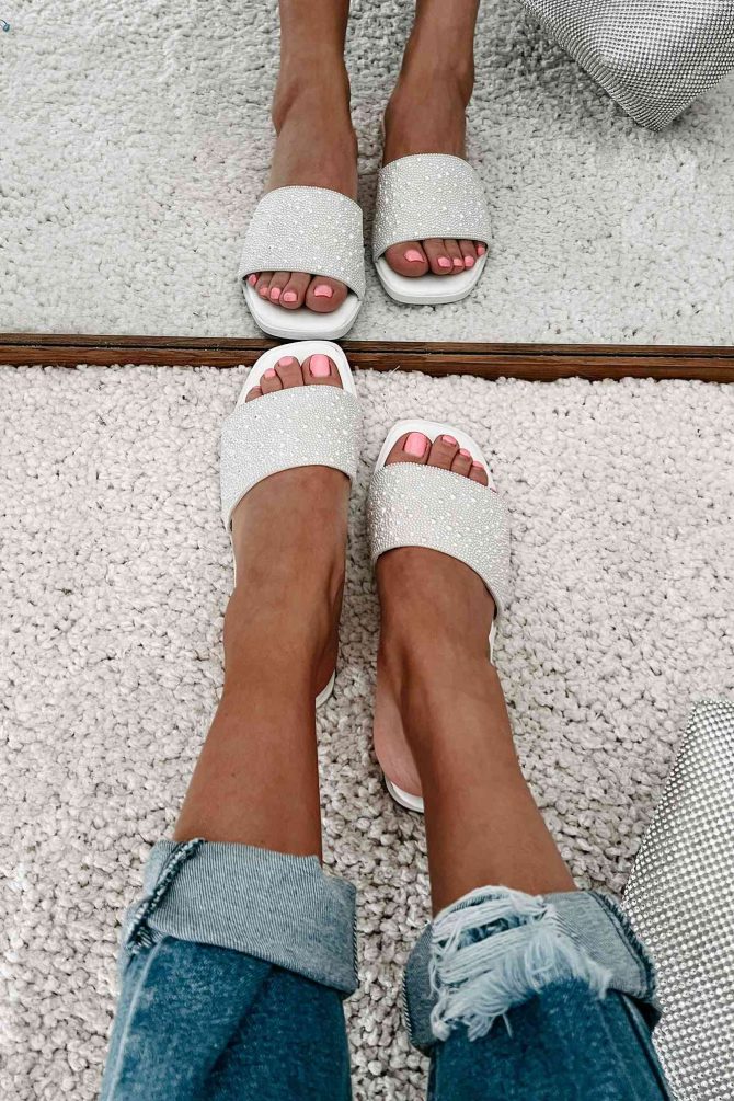 Just Too Pretty Beaded Pearl Flat Sandals (White) · NanaMacs - Image 3