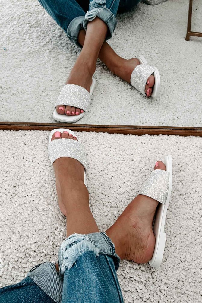 Just Too Pretty Beaded Pearl Flat Sandals (White) · NanaMacs