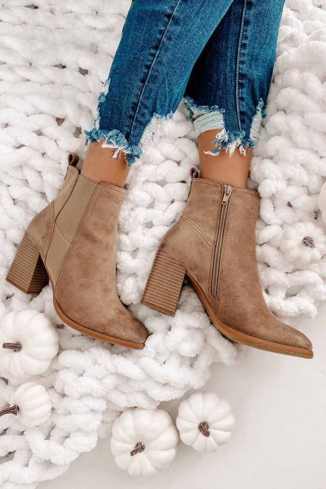 Miss Popular Square Toe Faux Suede Booties (Taupe) · NanaMacs - Image 3