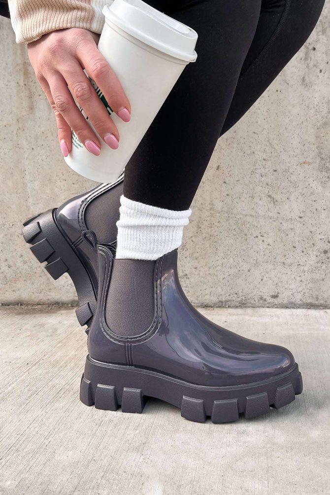 Doorbuster Walking In The Rain Lug Sole Chelsea Rain Boots (Grey Paten · NanaMacs - Image 2