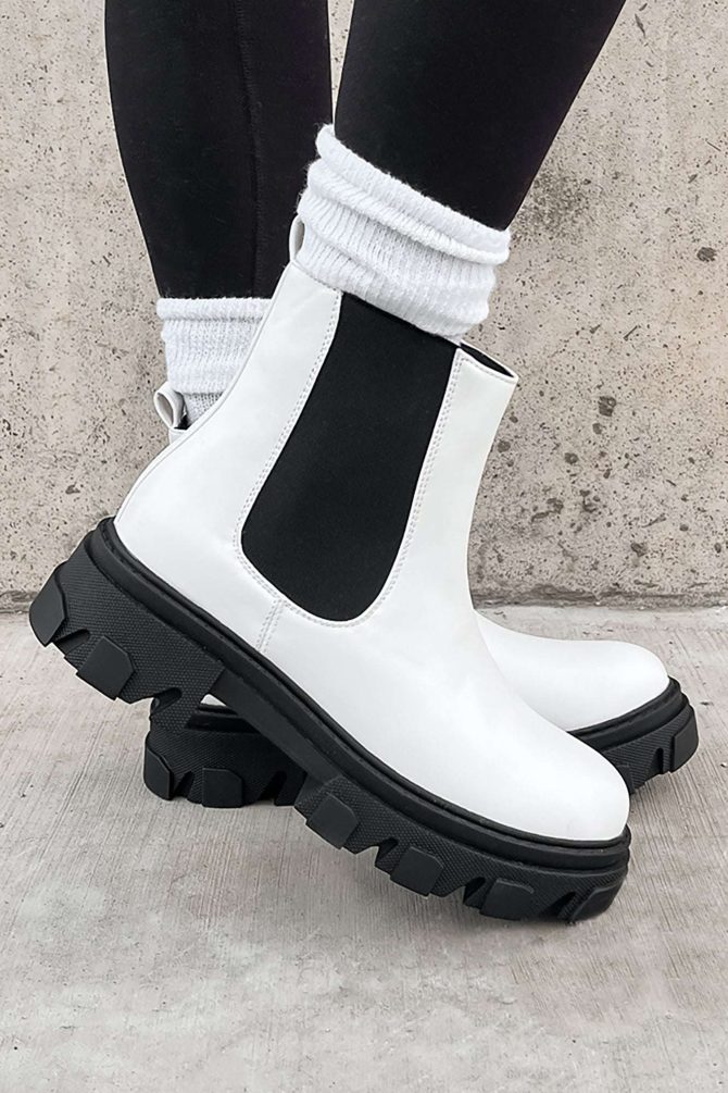 Tia Contrast Knit Lug Sole Chelsea Boots (White Pu) · NanaMacs - Image 4