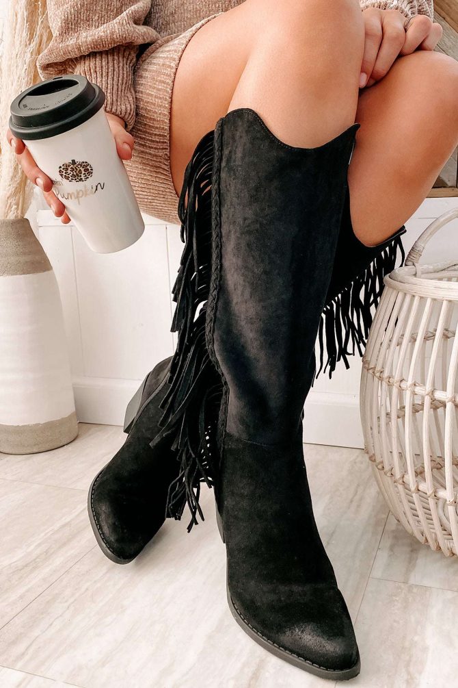 Wilder Faux Suede Fringe Boots (Black) · NanaMacs - Image 2