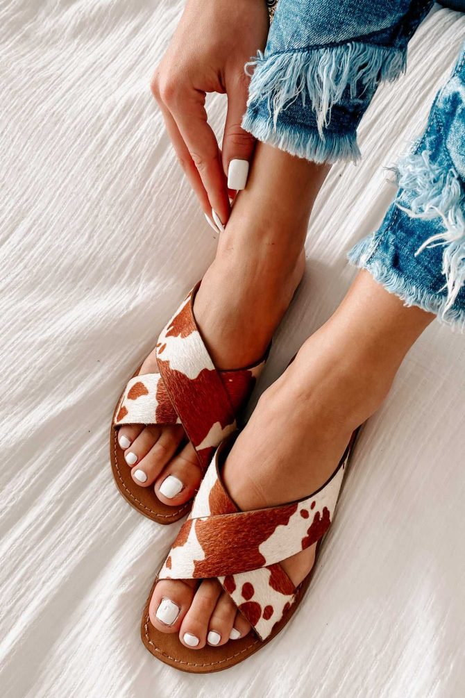 Country Cool Cow Print Cross Strap Sandals (Cream Brown) · NanaMacs