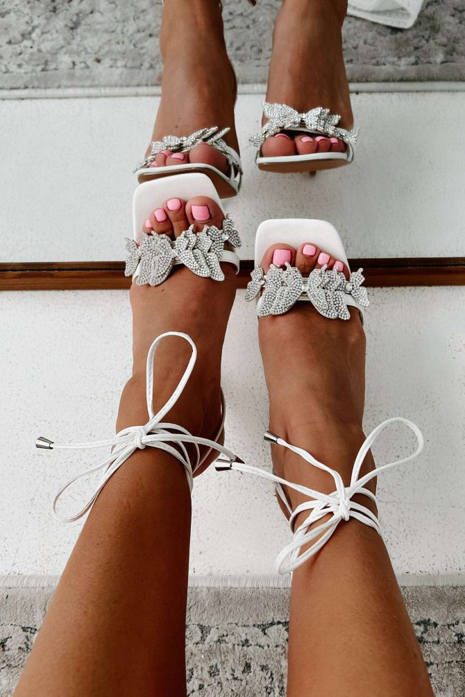 Social Butterfly Rhinestone Butterfly Wrap Heels (White) · NanaMacs - Image 2
