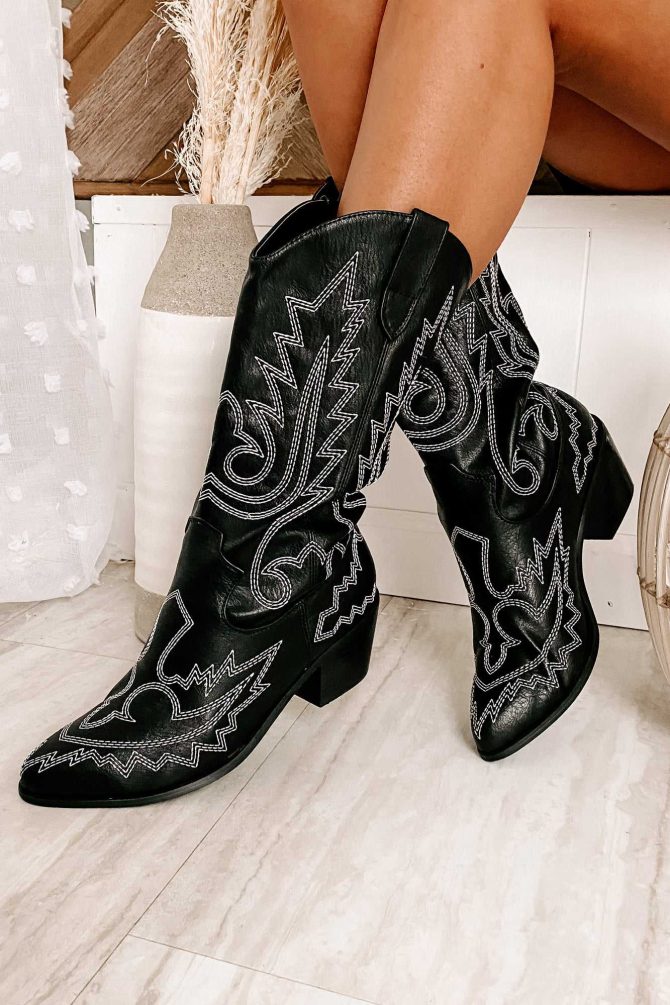 Raised Right Contrast Stitched Cowboy Boots (Black/White) · NanaMacs - Image 2