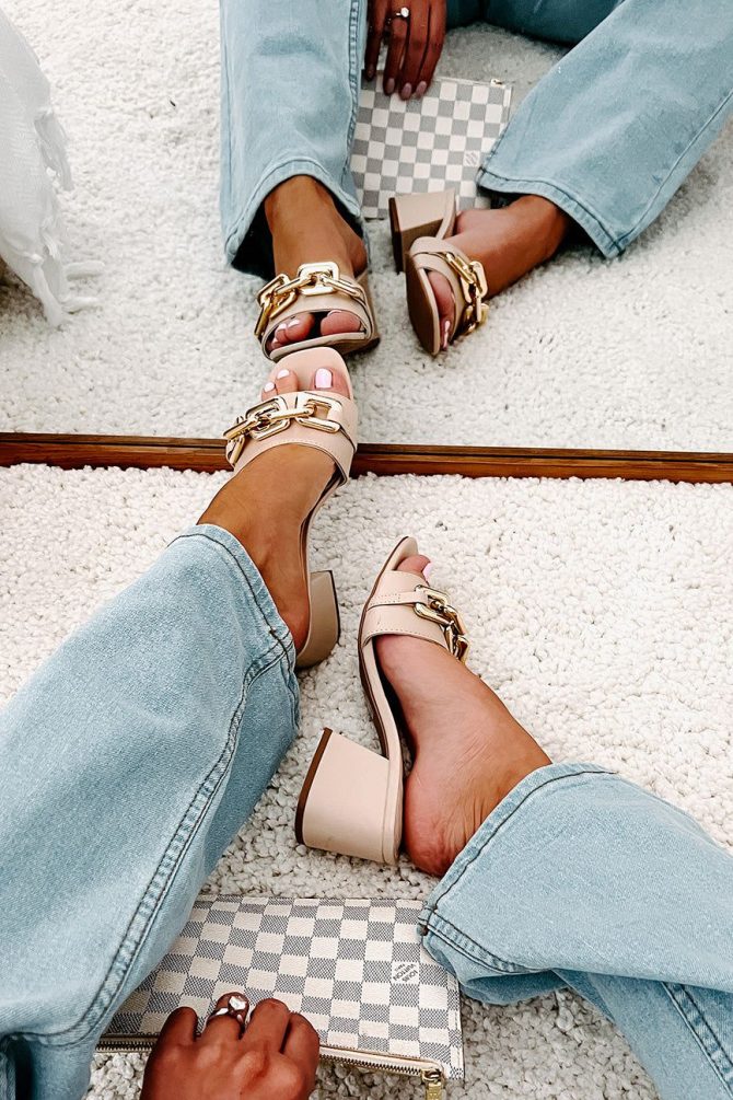 Endless Elegance Chain Embellished Chunky Heeled Sandals (Nude) · NanaMacs - Image 2