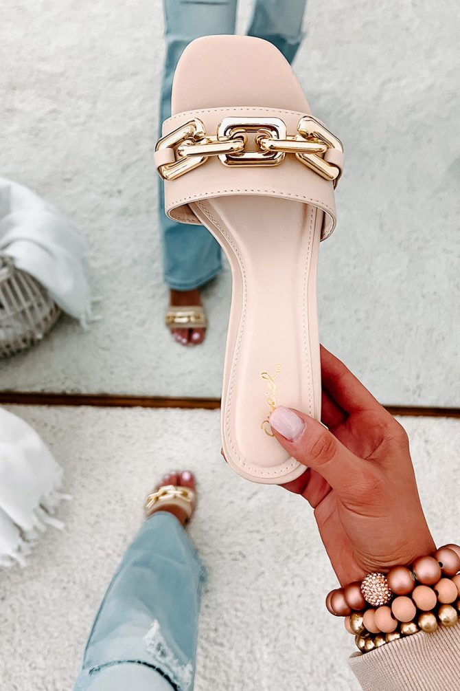 Endless Elegance Chain Embellished Chunky Heeled Sandals (Nude) · NanaMacs