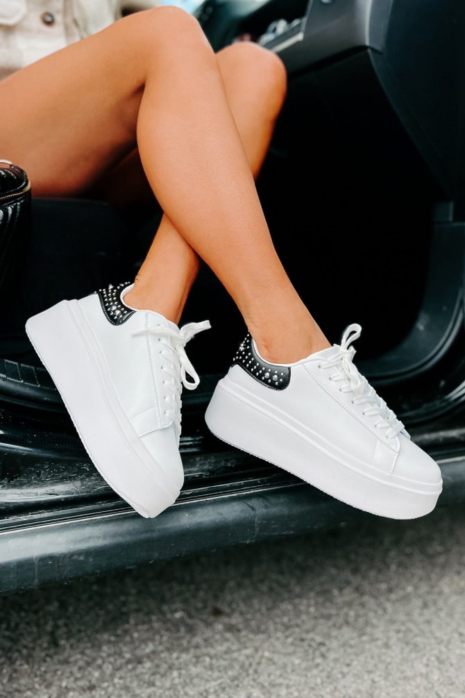 Kicking It Up A Notch Studded Platform Sneakers (White/Black) · NanaMacs