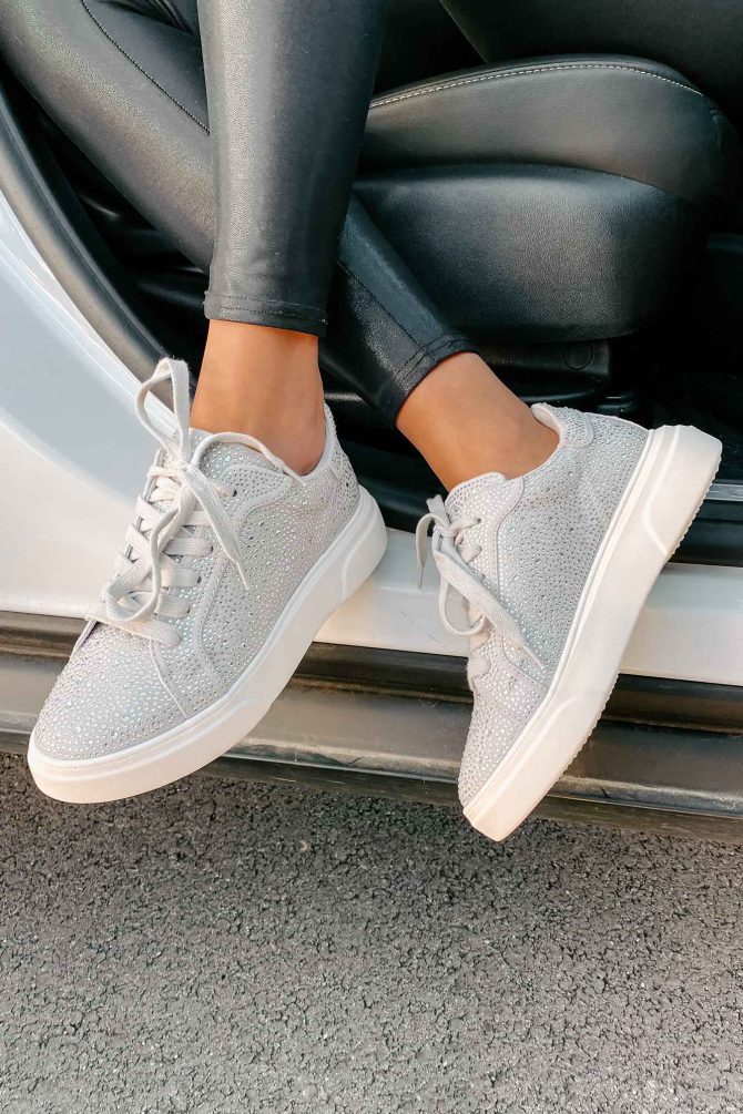 Moment In The Spotlight Madden Girl Lace-Up Rhinestone Sneakers (Grey) · NanaMacs