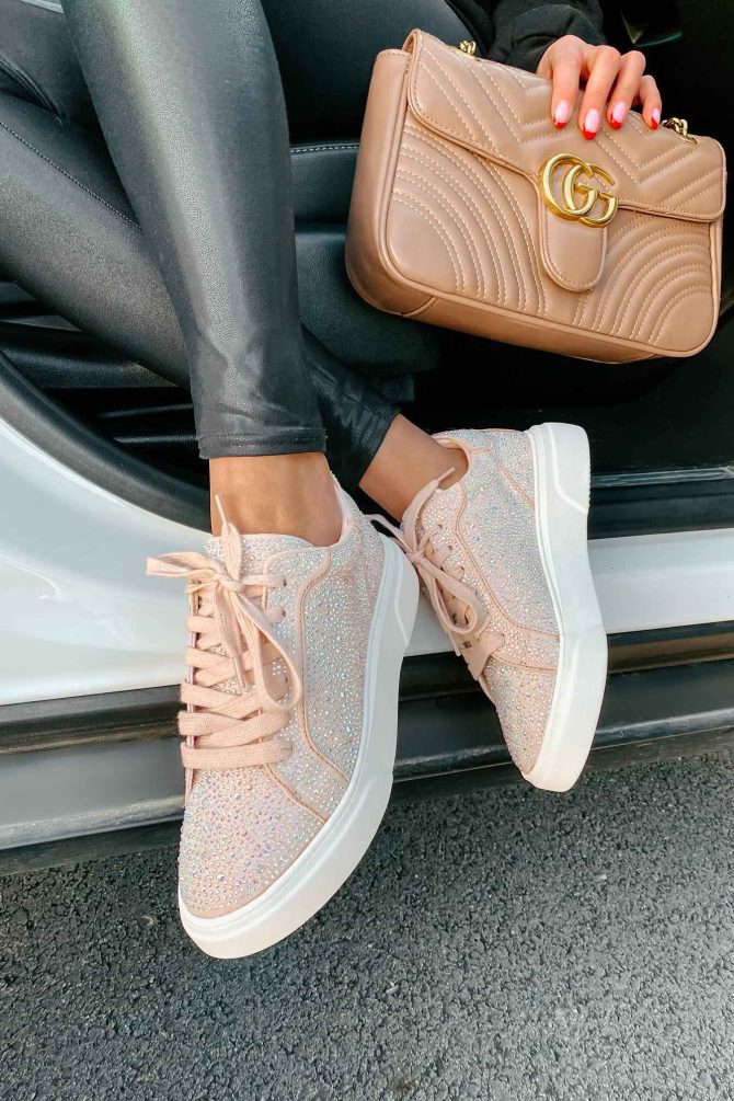 Moment In The Spotlight Madden Girl Lace-Up Rhinestone Sneakers (Blush · NanaMacs