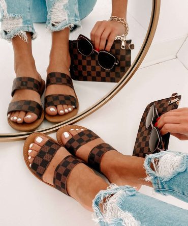 Trendy Traditions Checkered Print Double Strap Sandals (Brown) · NanaMacs