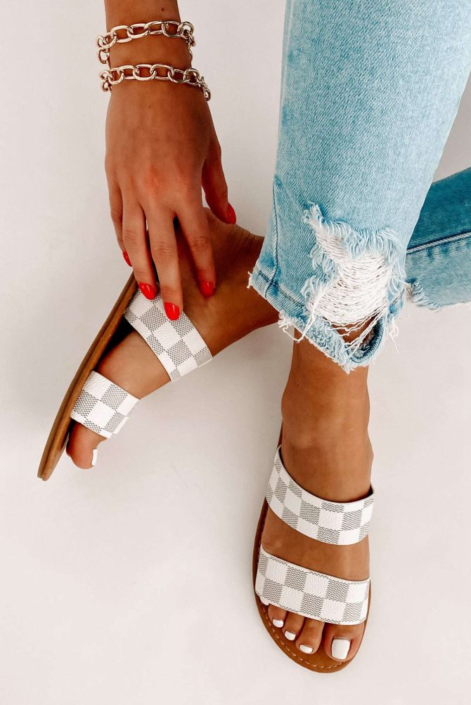 Trendy Traditions Checkered Print Double Strap Sandals (White) · NanaMacs - Image 4