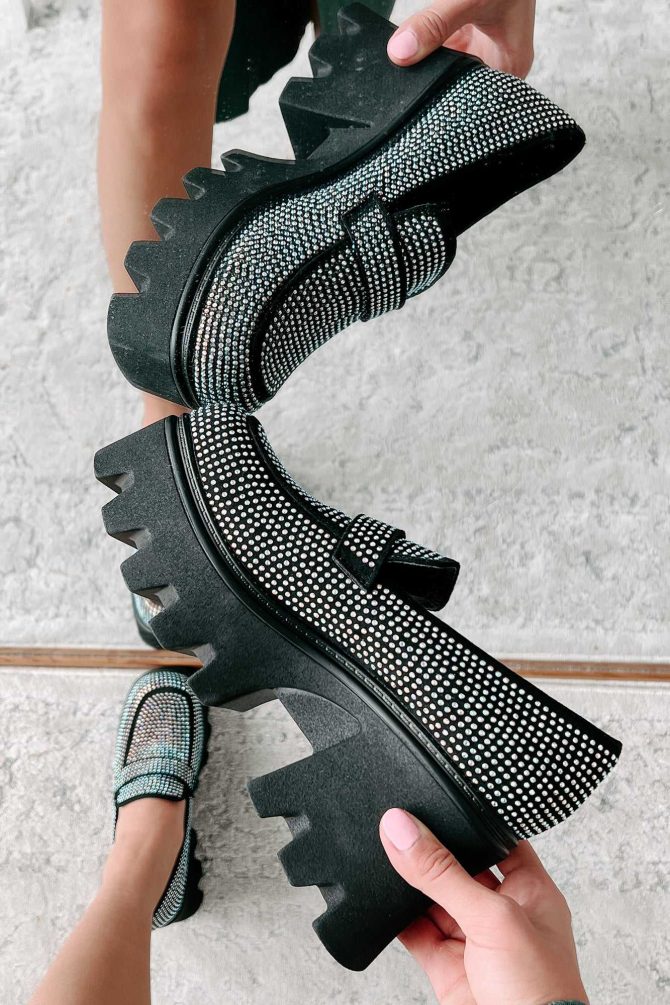 An Intriguing Proposition Rhinestone Platform Loafers (Black) · NanaMacs