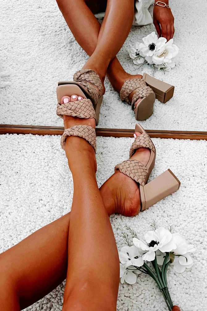 Being Exclusive Braided Strap Square Toe Heeled Sandals (Tan) · NanaMacs