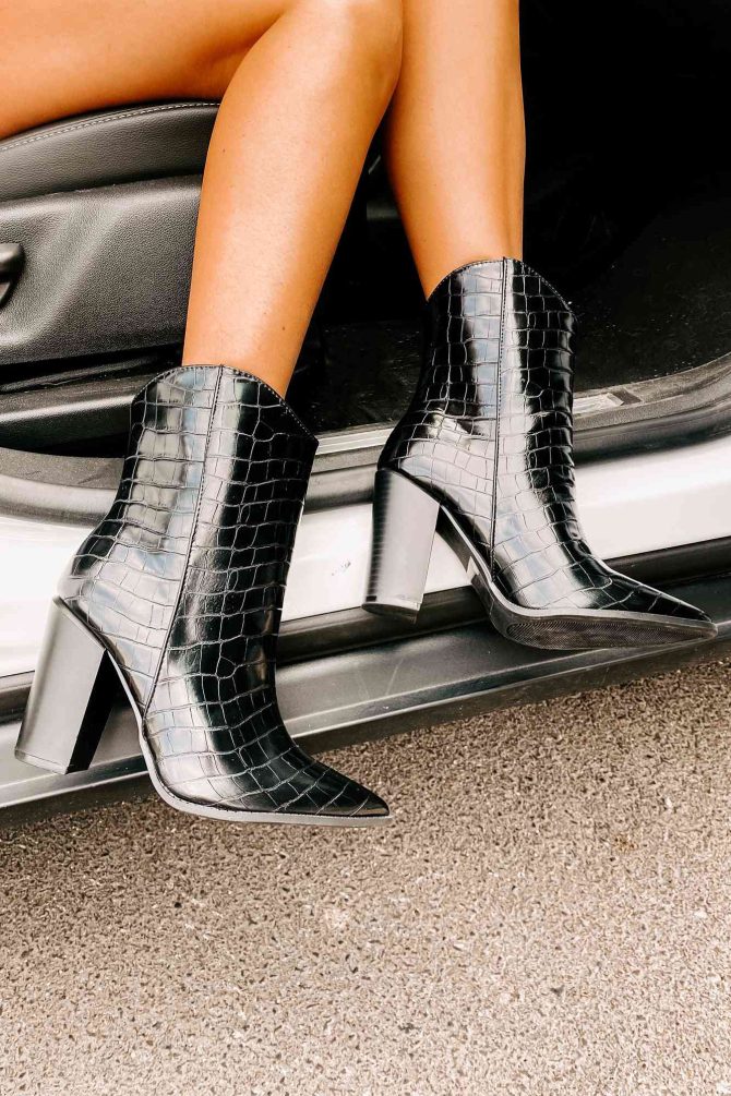 Kick The Dust Up Faux Croc Heeled Booties (Black Croc) · NanaMacs - Image 3
