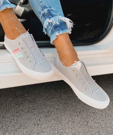 Lenora Raw Edge Embroidered Stripe Canvas Sneakers (Grey) · NanaMacs
