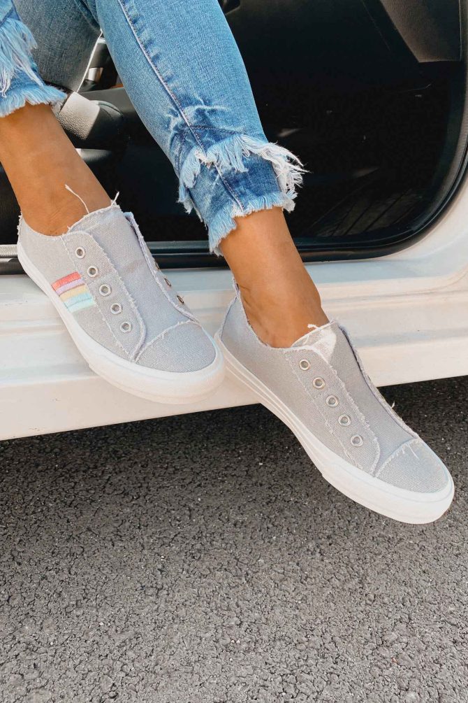 Lenora Raw Edge Embroidered Stripe Canvas Sneakers (Grey) · NanaMacs