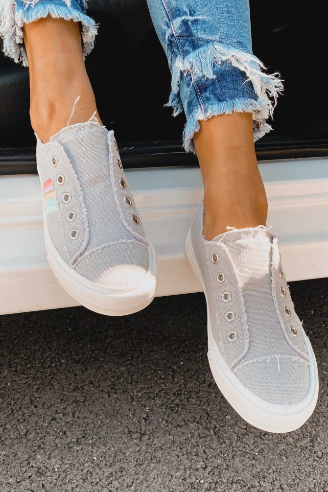 Lenora Raw Edge Embroidered Stripe Canvas Sneakers (Grey) · NanaMacs - Image 2