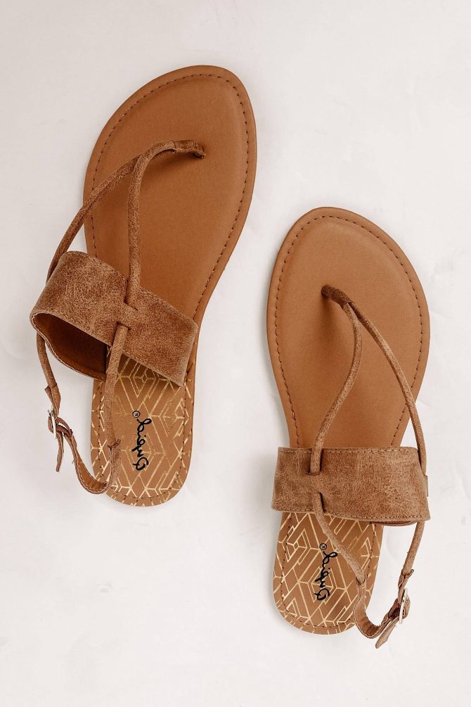 Kiana Multi-Strap Flat Sandals (Camel Distress PU) · NanaMacs