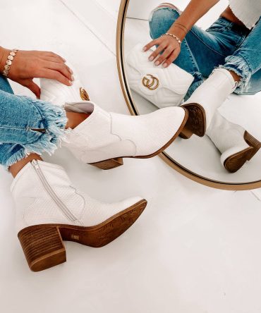 Deceiving Looks Faux Leather Snake Print Booties (Vintage White) · NanaMacs