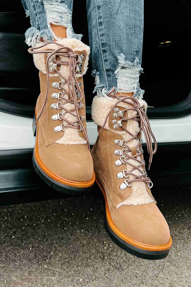 Cyrus Sherpa Cuffed Lace-Up Boots (Taupe) · NanaMacs - Image 2