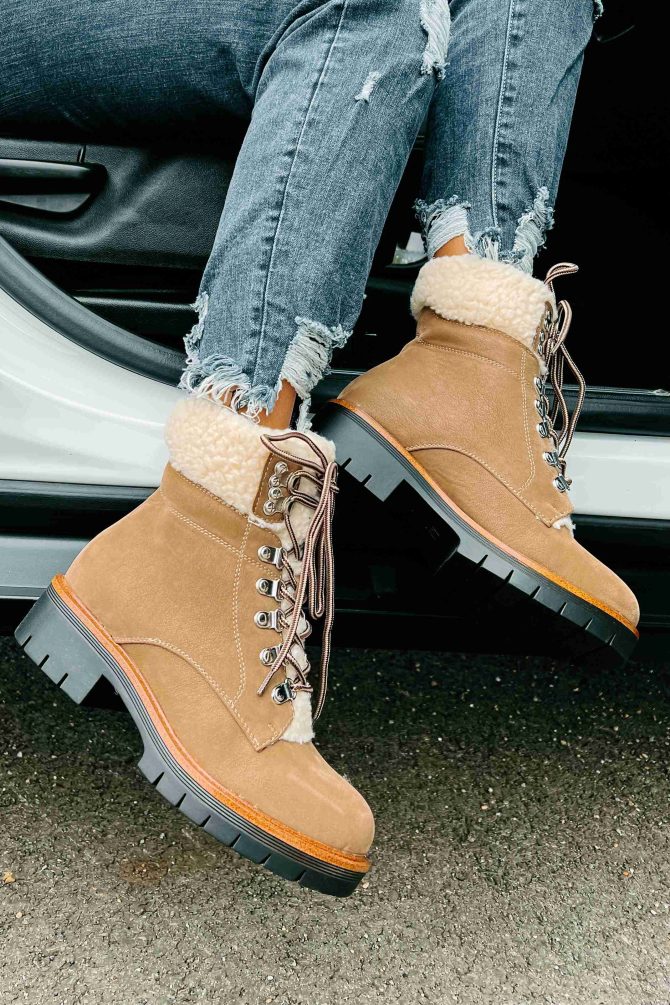 Cyrus Sherpa Cuffed Lace-Up Boots (Taupe) · NanaMacs - Image 3