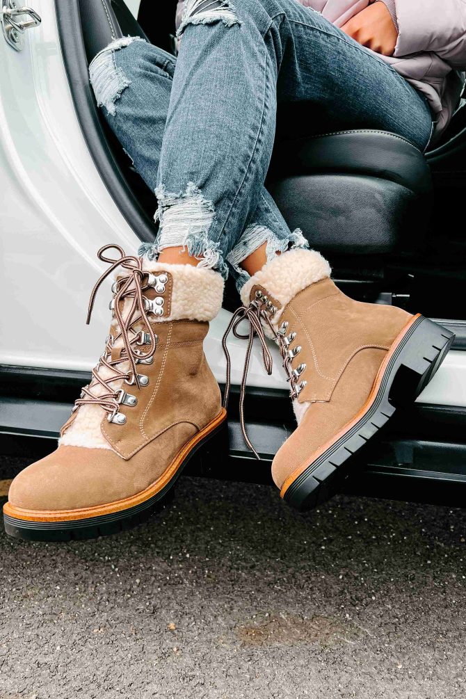 Cyrus Sherpa Cuffed Lace-Up Boots (Taupe) · NanaMacs