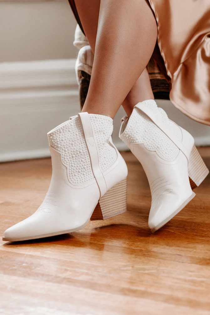 Cowboy Round-Up Pearl Embellished Western Bootie (Stone Crinkle) · NanaMacs