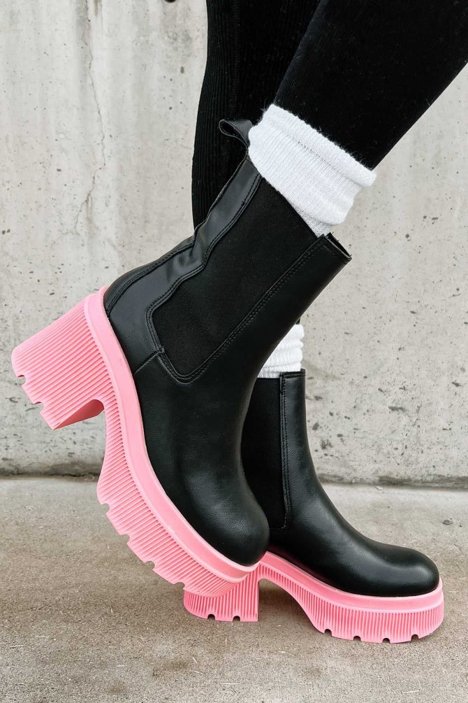 Can't Miss Me Lug Sole Chelsea Platform Boots (Black/Pink) · NanaMacs - Image 2
