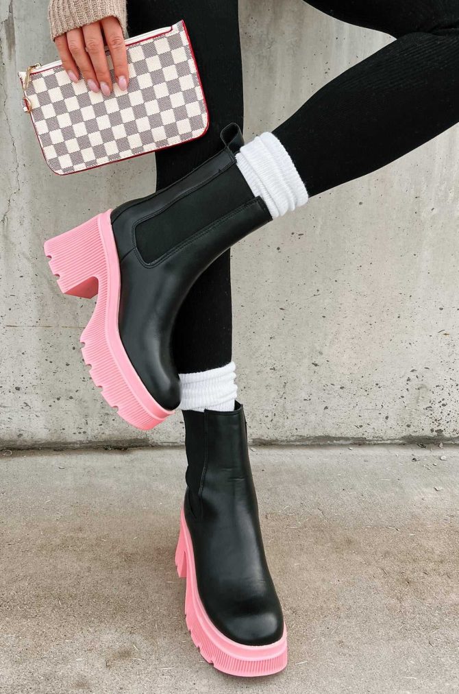 Can't Miss Me Lug Sole Chelsea Platform Boots (Black/Pink) · NanaMacs